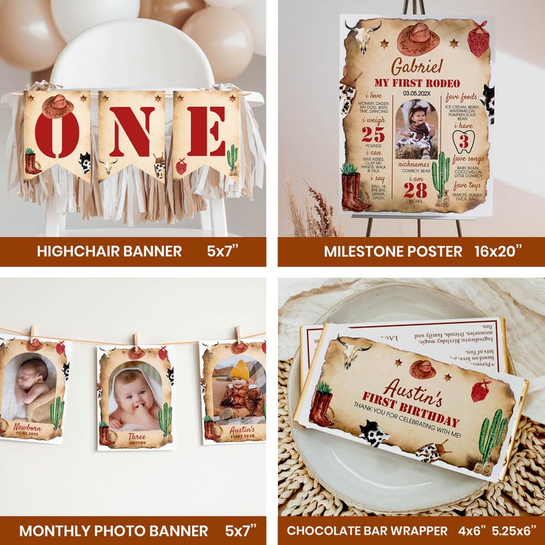 Paquete de invitaciones editables para mi primer cumpleaños de rodeo, kit para fiesta de primer cumpleaños de vaquero, paquete de decoración para cumpleaños del oeste, descarga instantánea. R007 imagen 4