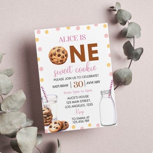 EDITABLE Milk and Cookies First Birthday Invitation, Girl 1st Birthday Party, One Sweet Cookie Printable Birthday Card. C010 image 2