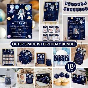 Pu&ograve; includere: Un set per il primo compleanno a tema spazio, caratterizzato da sfondi galassia blu scuro con illustrazioni di astronauti e pianeti. Include inviti, striscioni, espositori per foto, etichette di ringraziamento e decorazioni.