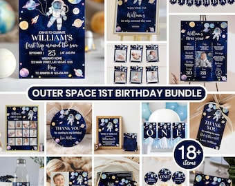 1st Trip Around the Sun Birthday Invitation Bundle, Outer Space First Birthday Party Decor, Galaxy Party Package, Instant Download. O006