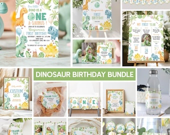 Set di inviti di compleanno a tema dinosauro modificabili, kit di decorazioni e kit di compleanno Oneasaurus, kit di primo compleanno a tema dinosauro, modello stampabile. D016