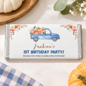 REDIGERBAR pumpa 1-årsdag chokladpapper, pumpa lastbil födelsedag godisbar papper, boho pumpa festfavör, omedelbar nedladdning. P004