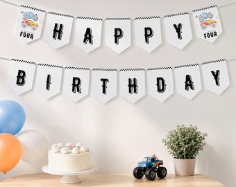 Editable Monster Truck Birthday Banner, Monster Trucks Birthday Party Banner, Boy Birthday Decoration, Customizable Template. M008