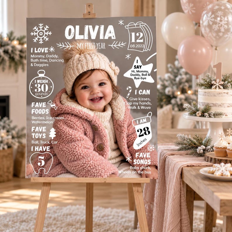 Puede incluir: Un cartel de cumplea&ntilde;os con la foto de un beb&eacute; con abrigo rosa y gorro de punto. El texto incluye el nombre Olivia, My First Year, la fecha 12.08.2022, I Love, I Weigh 30 pounds, I Say, I Can, I Am 28 inches, Fave Foods, Fave Toys y Fave Songs.