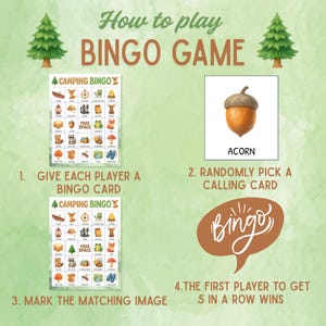 May include: A camping-themed Bingo game with instructions. The image shows two Bingo cards, an acorn illustration, and a brown speech bubble with the word "Bingo". Text includes "How to play BINGO GAME".