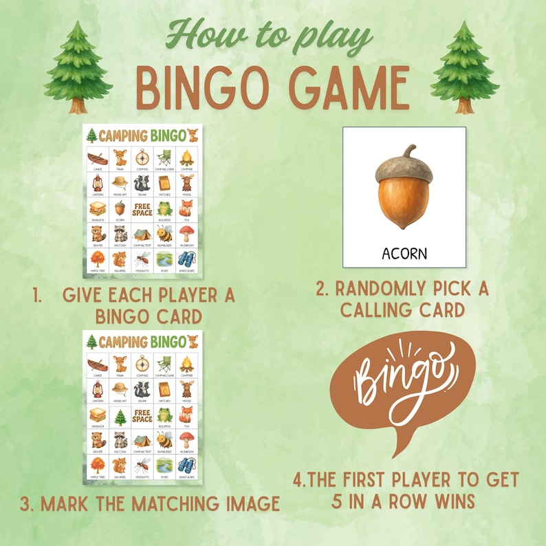 May include: A camping-themed Bingo game with instructions. The image shows two Bingo cards, an acorn illustration, and a brown speech bubble with the word "Bingo". Text includes "How to play BINGO GAME".
