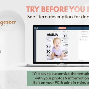 May include: A laptop screen displaying a customizable baby milestone poster template with a photo of a baby girl. The text on the poster reads "Amelia" and "21". The text on the laptop screen says "TRY BEFORE YOU BUY! See item description for demo link".