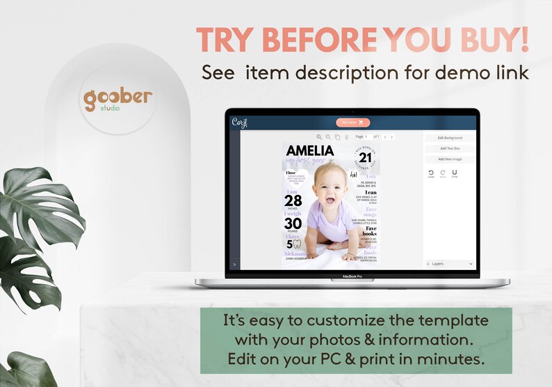 May include: A laptop screen displaying a customizable baby milestone poster template with a photo of a baby girl. The text on the poster reads "Amelia" and "21". The text on the laptop screen says "TRY BEFORE YOU BUY! See item description for demo link".