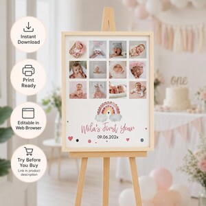 May include: A wooden easel displays a rectangular sign featuring a twelve-photo collage of a baby. Below the photos is a watercolour rainbow illustration, the text "Mila's First Year", the date "09.06.202x", and small pink and dark grey heart and dot accents.