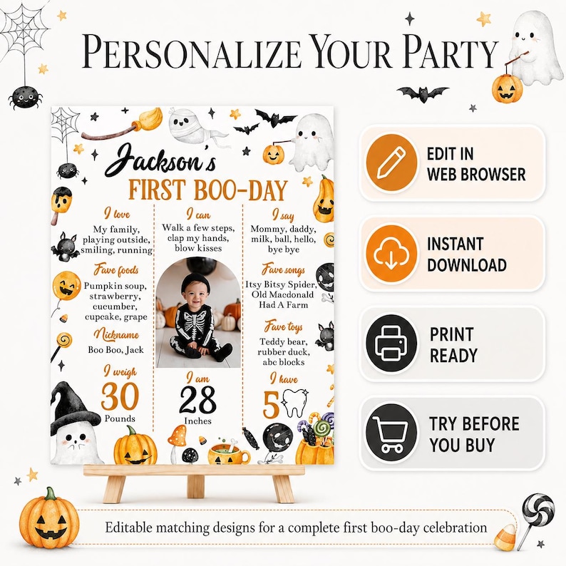 May include: A Halloween-themed milestone poster titled Jackson's First Boo-Day featuring orange and black graphics of ghosts, pumpkins, and bats. The board includes sections for personal details, a central photo, and text icons for editing, downloading, printing, and trying before buying.