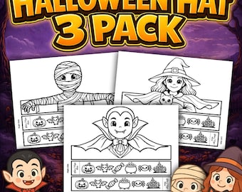 Halloween-Papierhüte für Kinder | 3er-Pack DIY-Kronen zum Ausdrucken | Halloween-Malvorlage | Halloween-Bastelidee für die Schule | Sofort-Download