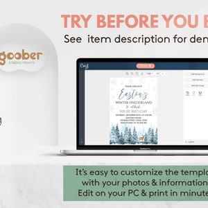 May include: A laptop screen displaying a digital invitation template with a winter theme, featuring blue pine trees, a deer, and text reading Easton's Winter Onederland. The screen includes editing tools, and the text above reads TRY BEFORE YOU BUY.