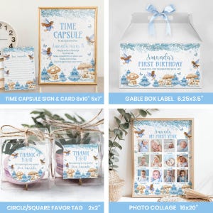 May include: A collection of party stationery featuring blue fairy and mushroom illustrations. Includes a Time Capsule sign and card, a gable box label, circle and square favor tags, and a photo collage poster with various birthday-themed text.