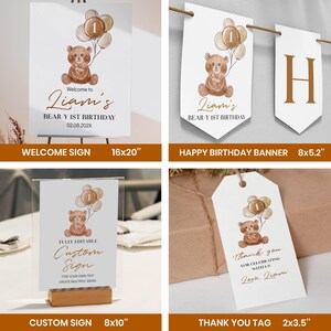 Editable Beary First Birthday Invitation Set, Neutral Bear 1st Birthday Bundle, Teddy Bear Birthday Decor Kit, Instant Download. T004 image 7