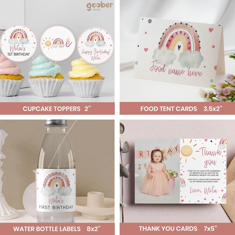 May include: A selection of birthday party stationery with a rainbow design. The set includes cupcake toppers, food tent cards, water bottle labels, and thank you cards. The cupcake toppers are 5 cm in diameter, the food tent cards are 8.9 x 5.1 cm, the water bottle labels are 20.3 x 5.1 cm, and the thank you cards are 17.8 x 12.7 cm.