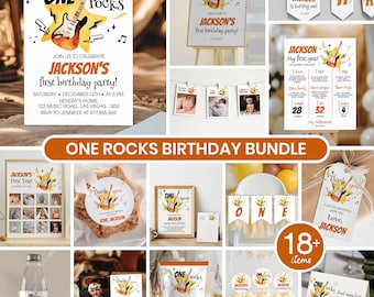 Paquete para fiesta de primer cumpleaños de One Rocks / Decoraciones de cumpleaños de rock and roll / Paquete imprimible y editable / Descarga instantánea / R008