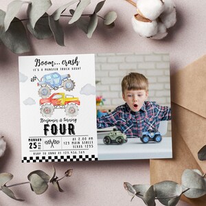 May include: A rectangular birthday invitation card featuring a watercolor illustration of two stacked monster trucks, the text Boom... crash IT'S A MONSTER TRUCK BASH! Benjamin is turning FOUR, and a photo of a child playing with toy trucks.