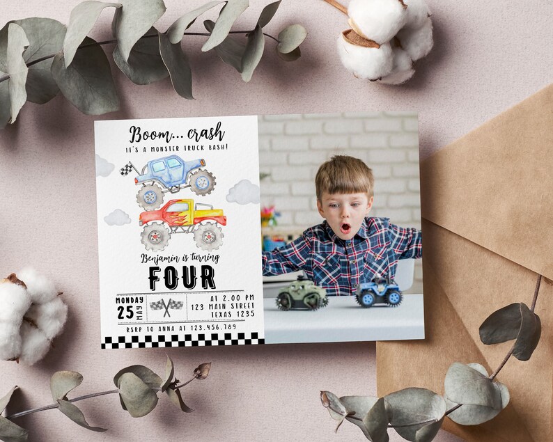 May include: A rectangular birthday invitation card featuring a watercolor illustration of two stacked monster trucks, the text Boom... crash IT'S A MONSTER TRUCK BASH! Benjamin is turning FOUR, and a photo of a child playing with toy trucks.