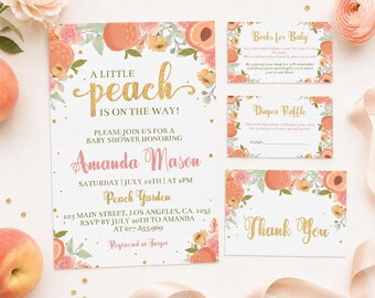 May include: A baby shower invitation set featuring a peach theme with gold glitter text reading A LITTLE PEACH IS ON THE WAY, Amanda Mason, Books for Baby, Diaper Raffle, and Thank You, accented with watercolor peach and floral illustrations.