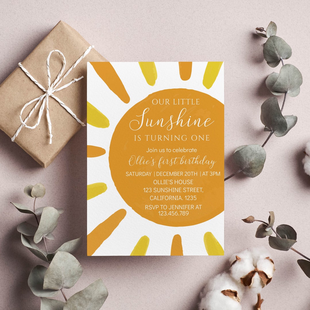 Editable Our Little Sunshine Birthday Invitation, Boho Sun 1st Birthday