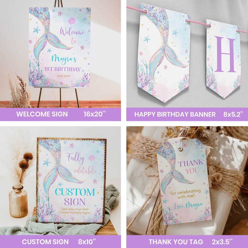 May include: Printable mermaid-themed party decorations for a first birthday. The set includes a welcome sign, a happy birthday banner, a custom sign, and a thank you tag. The signs feature a mermaid tail with pastel colors and glitter accents. The welcome sign measures 16x20 inches, the banner is 8x5.2 inches, the custom sign is 8x10 inches, and the thank you tag is 2x3.5 inches.