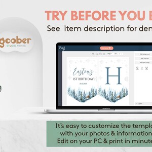 Puede incluir: Una pantalla de port&aacute;til que muestra una plantilla de banner digital personalizable con tem&aacute;tica de bosque invernal, con el texto Easton's 1ST BIRTHDAY, la fecha 20.12.2029 y una letra H grande sobre un fondo de pinos nevados.