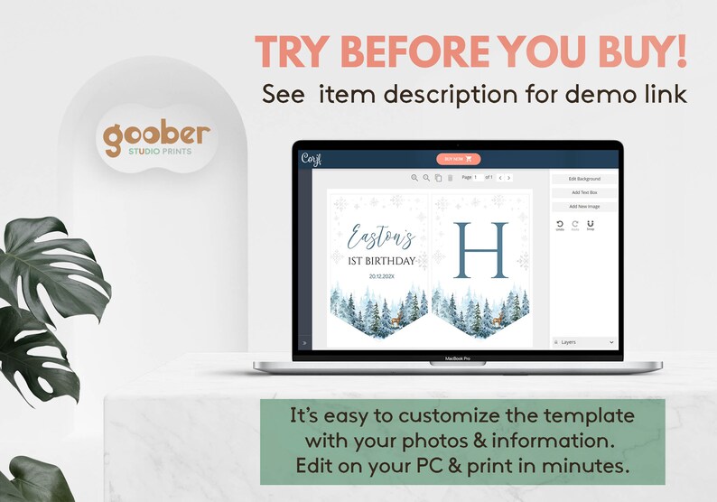 Puede incluir: Una pantalla de port&aacute;til que muestra una plantilla de banner digital personalizable con tem&aacute;tica de bosque invernal, con el texto Easton's 1ST BIRTHDAY, la fecha 20.12.2029 y una letra H grande sobre un fondo de pinos nevados.