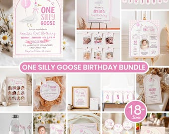 Editable One Silly Goose First Birthday Bundle | Pink Gingham Goose Party Decorations | Invitation & Decor | Instant Download - G006