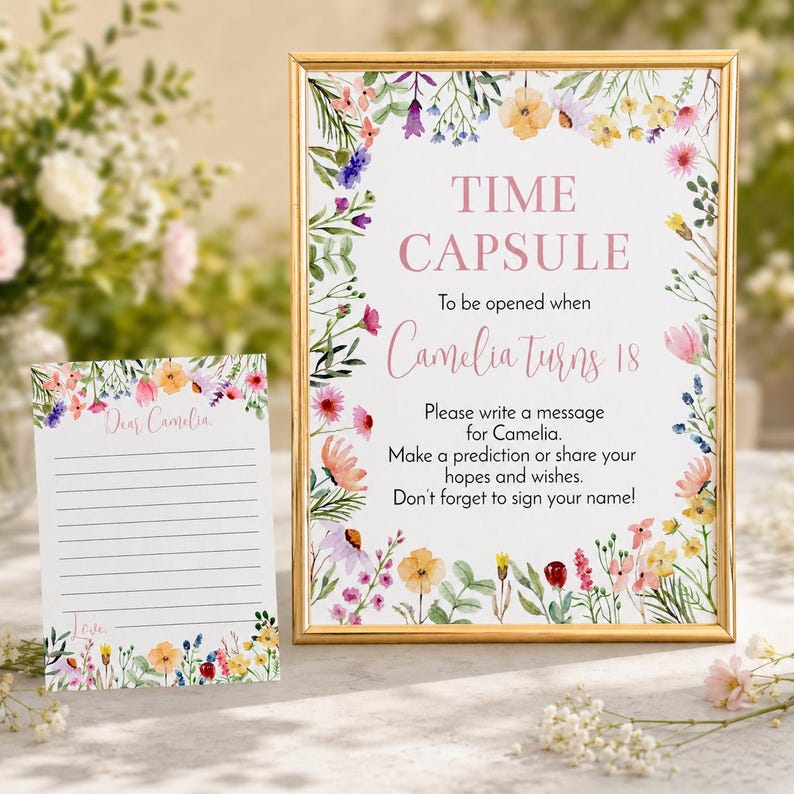 May include: A gold-framed sign and a matching lined card featuring watercolor wildflowers. The sign reads: TIME CAPSULE To be opened when Camelia turns 18. Please write a message for Camelia. Make a prediction or share your hopes and wishes.