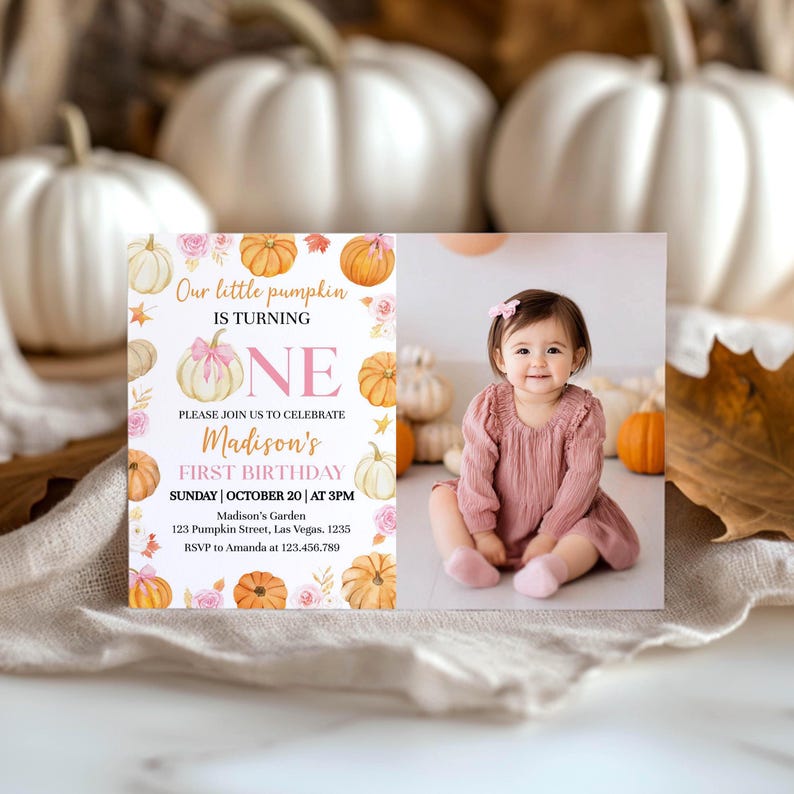 EDITABLE Our Little Pumpkin Is Turning One Invitation, Girl 1st Birthday Invite, Pink Bow Birthday Photo Invitation, Printable