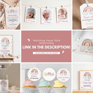 May include: A collection of printable birthday party stationery featuring a watercolour rainbow and cloud motif in pink and gold tones. The set includes invitation cards, photo milestone cards, thank you tags, food labels, water bottle labels, and cupcake toppers.