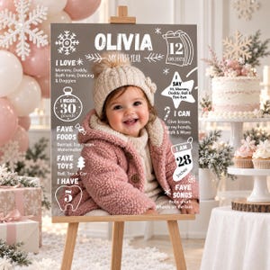 Puede incluir: Un tablero de hitos con la foto de un beb&eacute; con chaqueta rosa y gorro de punto, con texto que detalla el primer a&ntilde;o de Olivia, incluyendo un peso de 13,6 kg, una altura de 71 cm, comidas, juguetes, canciones y logros favoritos.