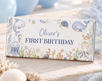 EDITIERBAR Unter dem Meer Geburtstagsschokolade Wrapper, Ocean Geburtstagsparty Candy Bar Wrapper, Ocean Gastgeschenke, druckbare Vorlage. O015
