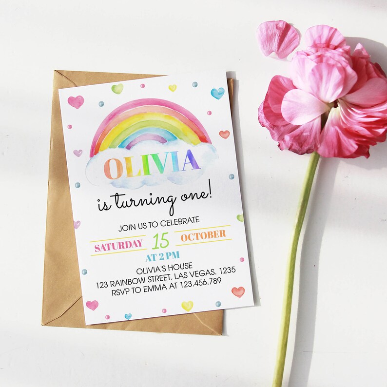 Editable Rainbow First Birthday Invitation Colorful Rainbow Birthday Invitation Modern Rainbow Party Invite Printable
