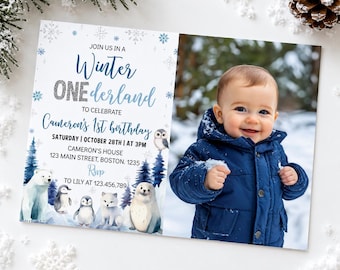 Winter Onederland Invitation, Wonderland Boy First Birthday Invitation, Woodland Forest Bear Arctic Animals Invite, Printable Template. W016
