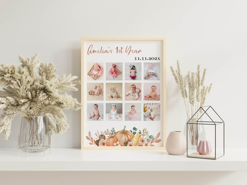 Editable First Year Photo Collage, 12 Month Boho Floral Collage, Fall Birthday Milestone, Pumpkin 1st Birthday Photo Frame Template P004