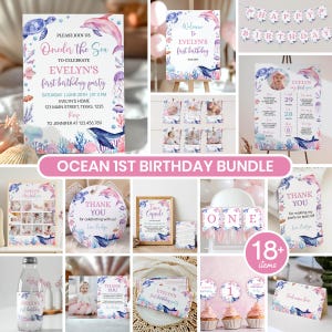 May include: A digital ocean-themed first birthday party bundle featuring invitations, welcome signs, milestone boards, photo banners, thank you tags, cupcake toppers, and water bottle labels decorated with watercolor sea creatures and pink text.