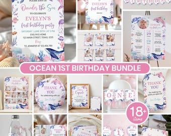 Editable Under The Sea Birthday Invitation Bundle, Ocean 1st Birthday Party Decor Kit, Oneder The Sea 1st Birthday Package, Printable. O004