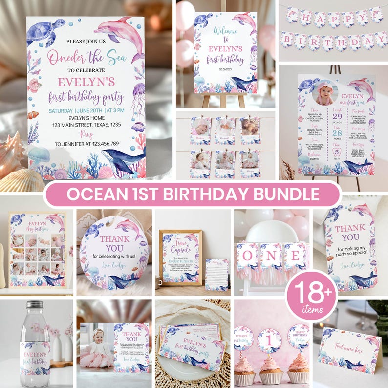 May include: A digital ocean-themed first birthday party bundle featuring invitations, welcome signs, milestone boards, photo banners, thank you tags, cupcake toppers, and water bottle labels decorated with watercolor sea creatures and pink text.