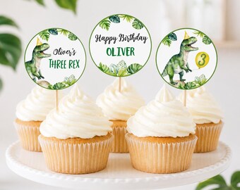 Editable Dinosaur Cupcake Toppers, Dinosaur Birthday Party Decorations, Three Rex Birthday Cupcake Toppers, Printable Template. D002