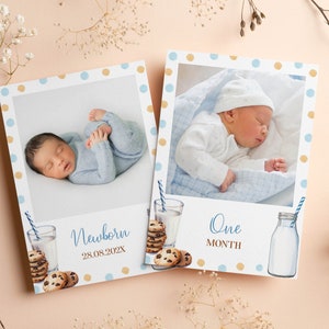 May include: Two cards with blue and gold polka dots. Each card features a photo of a baby in a white and blue outfit. The first card says "Newborn 28.08.202X" and the second card says "One Month". Both cards have a glass of milk and chocolate chip cookies.