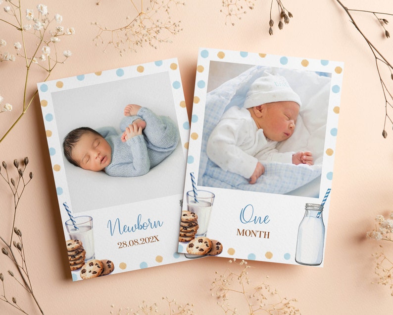 May include: Two cards with blue and gold polka dots. Each card features a photo of a baby in a white and blue outfit. The first card says "Newborn 28.08.202X" and the second card says "One Month". Both cards have a glass of milk and chocolate chip cookies.