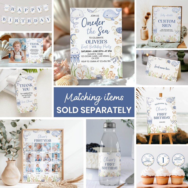 May include: A collection of party supplies with a nautical theme, including invitations, banners, and cupcake toppers. The designs feature illustrations of whales, jellyfish, and other sea creatures in shades of blue and beige. The text includes "Happy Birthday" and "Oliver's First Birthday".