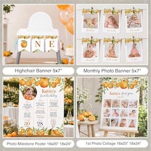 May include: A collection of orange-themed birthday decorations including a highchair banner, a monthly photo banner, a milestone poster with text reading Katie's first birthday, and a photo collage poster, all featuring orange fruit illustrations.