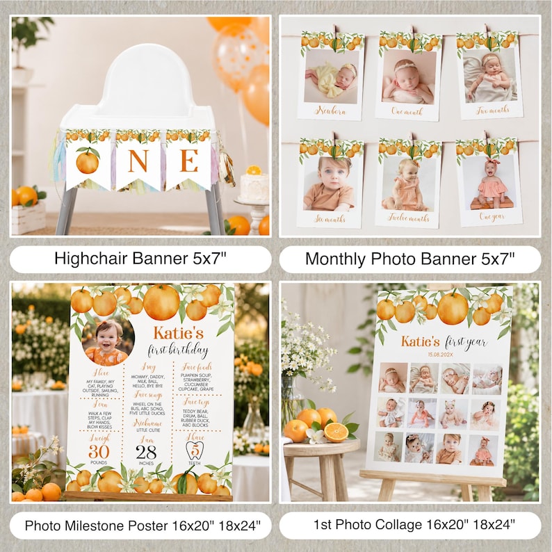 May include: A collection of orange-themed birthday decorations including a highchair banner, a monthly photo banner, a milestone poster with text reading Katie's first birthday, and a photo collage poster, all featuring orange fruit illustrations.