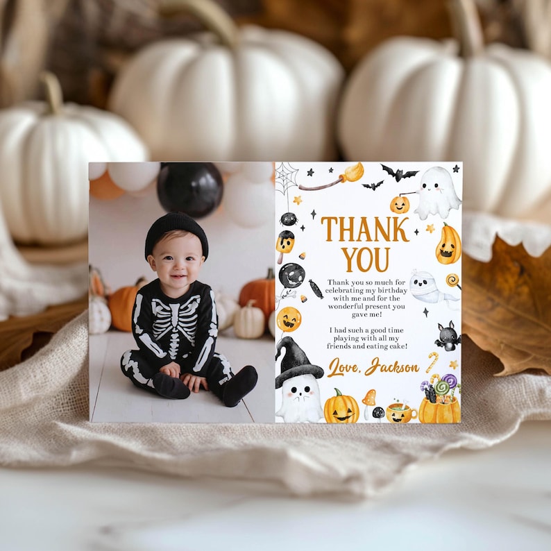 EDITABLE Spooky One Birthday Thank You Card, Halloween 1st Birthday Picture Thank You Card, Little Boo Birthday Favor Instant Download