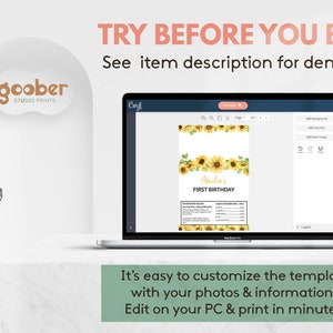 May include: A laptop screen displaying a digital birthday invitation template featuring yellow sunflowers, the text Amelia's FIRST BIRTHDAY, and a nutrition facts section. The screen shows editing tools and the Corjl logo in the top corner.