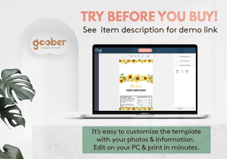 May include: A laptop screen displaying a digital birthday invitation template featuring yellow sunflowers, the text Amelia's FIRST BIRTHDAY, and a nutrition facts section. The screen shows editing tools and the Corjl logo in the top corner.