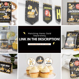 May include: A construction-themed party supply set featuring yellow excavators and dump trucks on black backgrounds with yellow caution stripes. Includes invitations, banners, water bottle labels, chip bags, food cards, cupcake toppers, and favor tags.