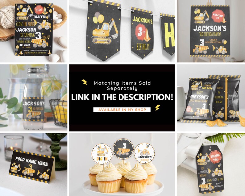 May include: A construction-themed party supply set featuring yellow excavators and dump trucks on black backgrounds with yellow caution stripes. Includes invitations, banners, water bottle labels, chip bags, food cards, cupcake toppers, and favor tags.